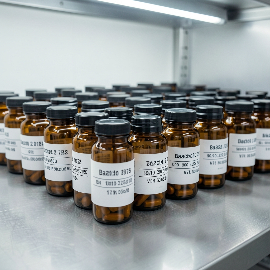 Quality control environment: rows of amber-glass supplement containers on a stainless counter under bright studio lighting, each with a printed batch code label