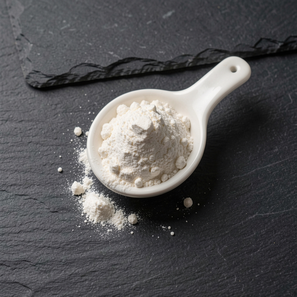 Iron bisglycinate and vitamin C powder measured into a small ceramic spoon on a dark stone surface, editorial flat-lay style