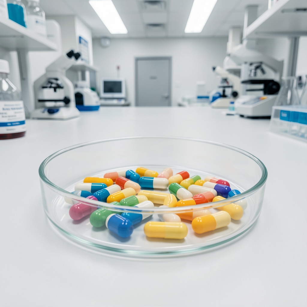 B-vitamin complex soft-gel components laid out on a glass petri dish under bright overhead lighting in a quality-control workspace