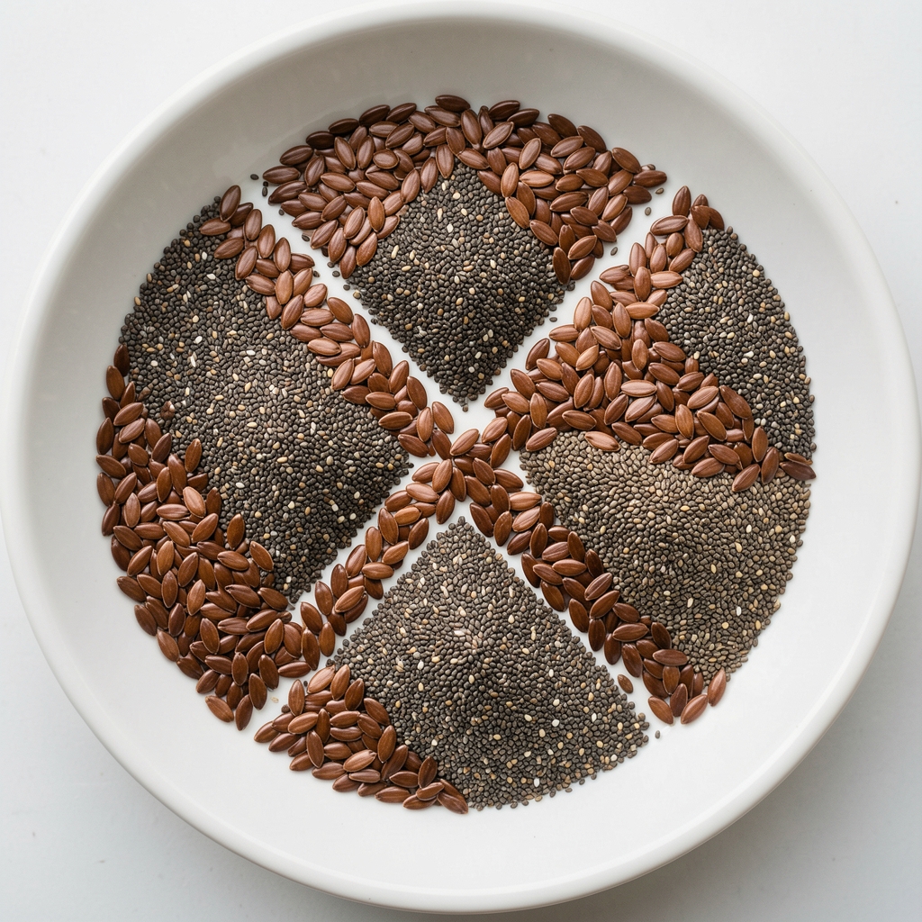 Omega-3 rich flaxseed and chia seed arranged in a geometric pattern on a white ceramic surface, overhead editorial photography